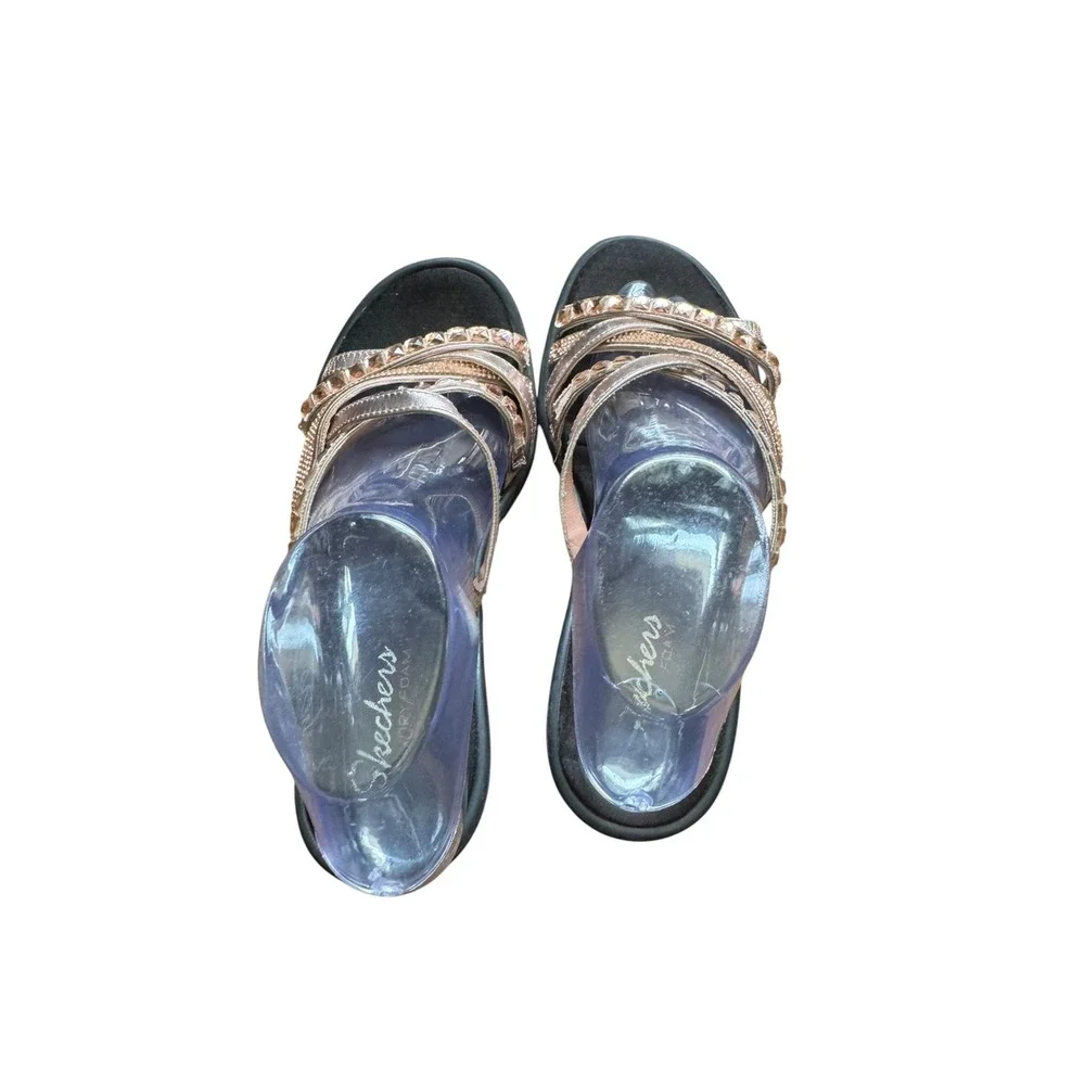 Skechers Wedge Sandals Womens 9 Rose Gold Excellent Rhinestone Strappy Slide